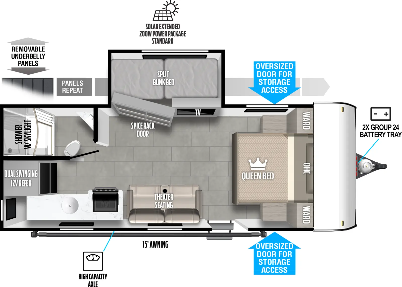 The Wildwood FSX 162VIEW floorplan has one entry and one slide out. Exterior features include: metal exterior. Interiors features include: bunk beds and front bedroom.